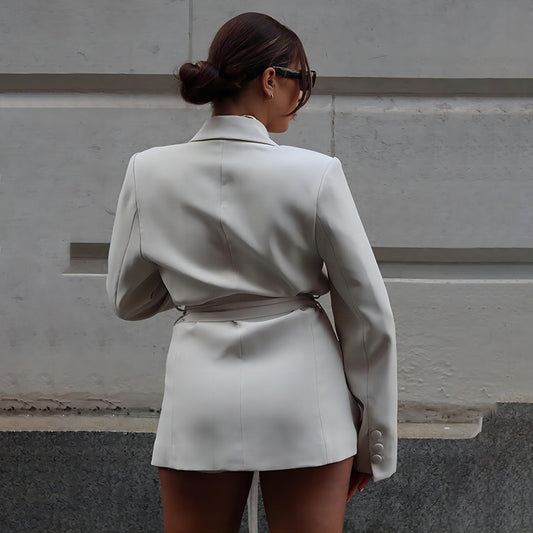 Chaqueta blazer informal de manga larga con cinturón y corte ajustado para mujer