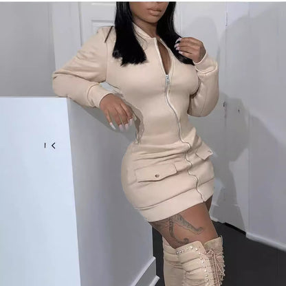 Women Fashion Casual Solid Color Long Sleeve Zipper Pockets Dress