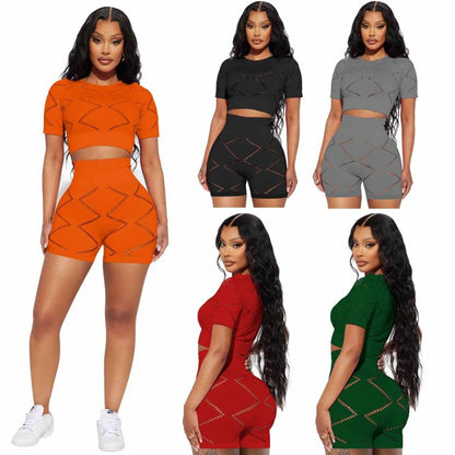 Conjunto de dos piezas de top corto y pantalones cortos de manga corta con aberturas de color liso informal para mujer