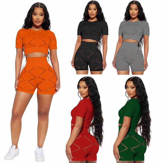 Conjunto de dos piezas de top corto y pantalones cortos de manga corta con aberturas de color liso informal para mujer