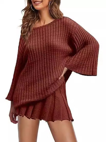 Women Fashion Casual Solid Color Knitted Stripe Long Sleeve Sweater Pleated Skirt Two-Piece Set