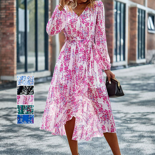 Fashion Women Boho Style Casual Sweet Floral Print Long Sleeve V Neck Chiffon Midi Dress