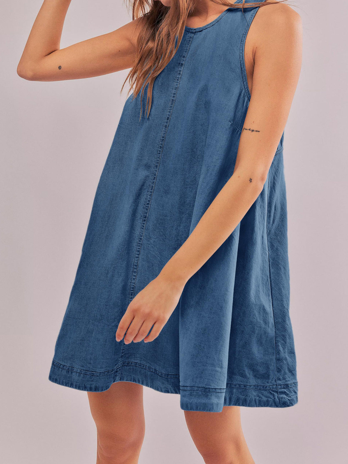 Women Fashion Casual Round-Neck Sleeveless Backless Loose Denim Dress