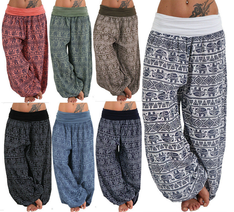 Women Casual Loose Printed High Waist Plus Size Wide Leg Pants