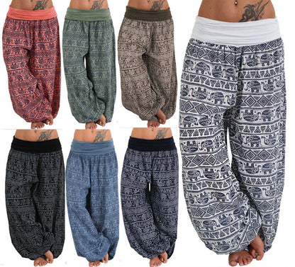 Women Casual Loose Printed High Waist Plus Size Wide Leg Pants