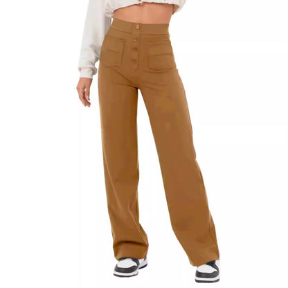 Fashion Women Casual Straight High Waist Button Elastic Multiple Pockets Pants