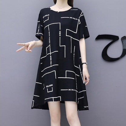 Women Fashion Casual Line Printing Short Sleeve Loose Dress