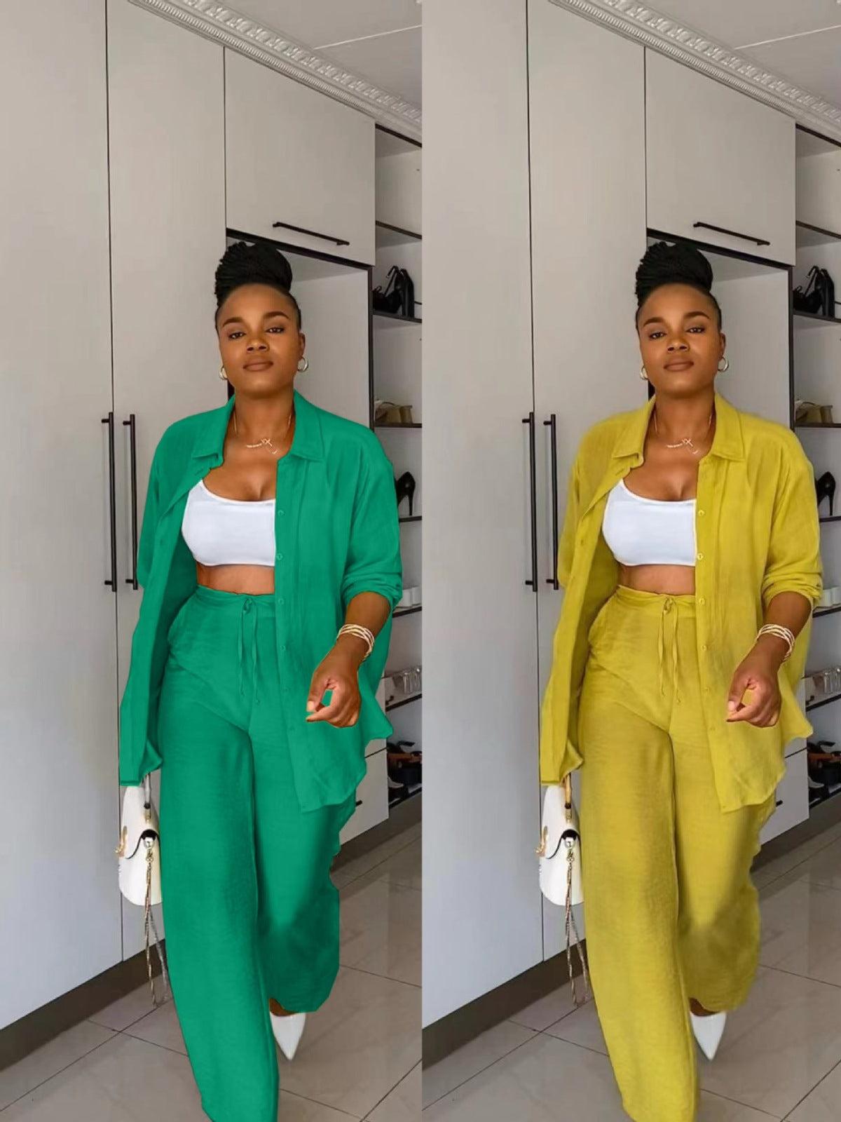 Conjunto de dos piezas formado por camisa, pantalón y top de manga larga con solapa, informal, a la moda para mujer