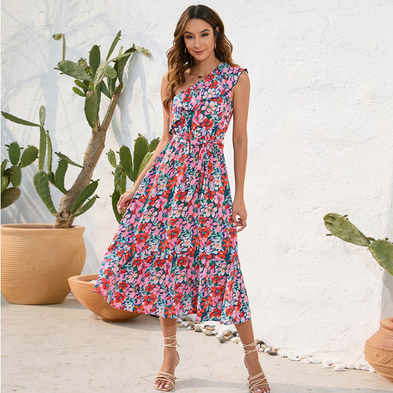 Women Casual One-Shoulder Bandage Floral Printing Dress