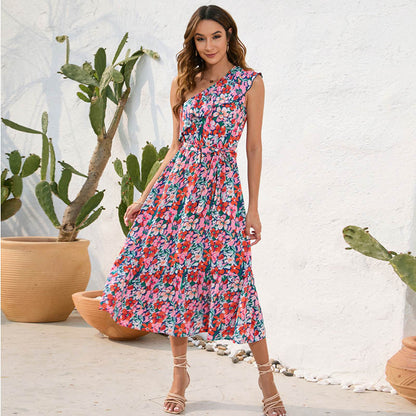 Women Casual One-Shoulder Bandage Floral Printing Dress