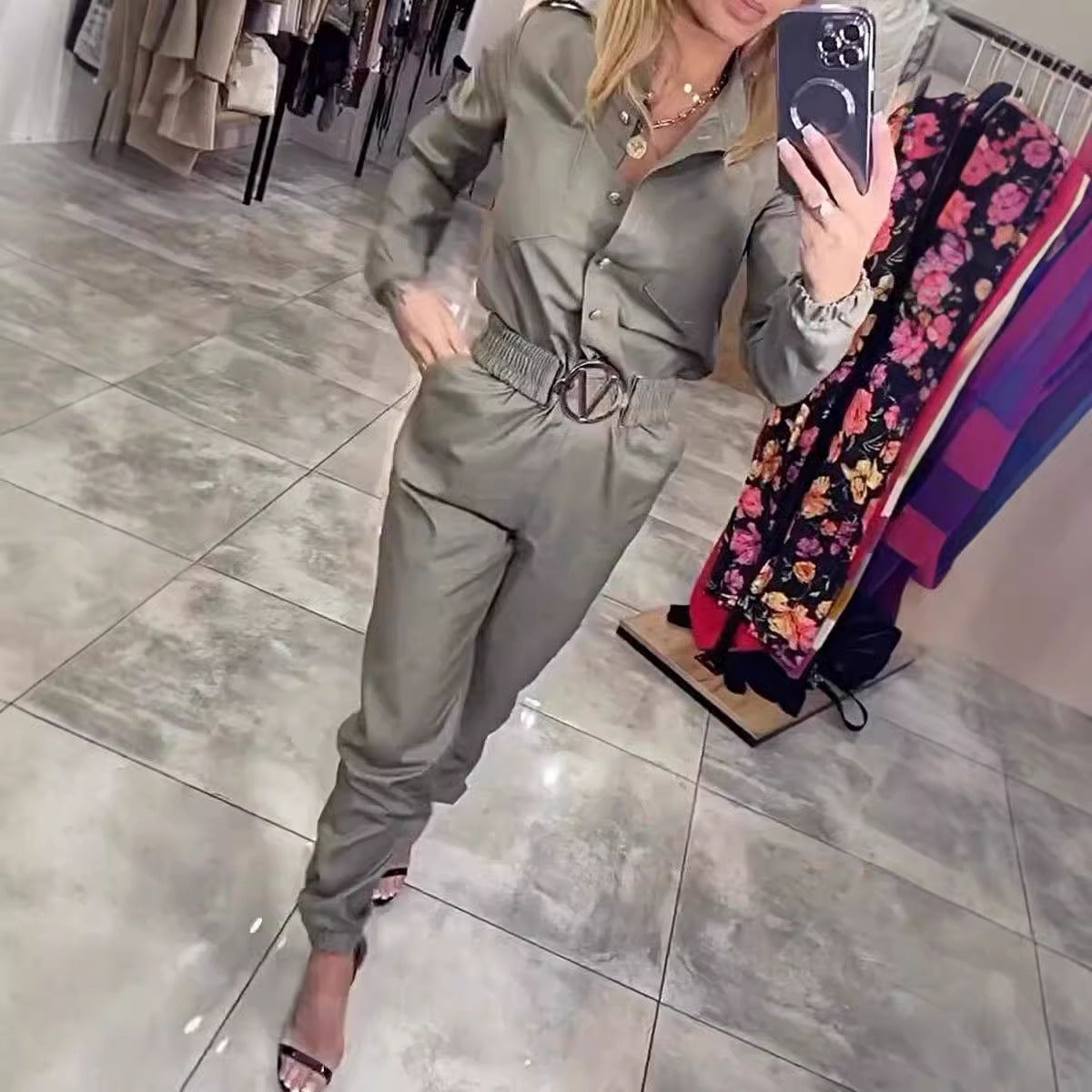 Women Fashion Casual Defined Waist Long Sleeve Shirt Jumpsuits