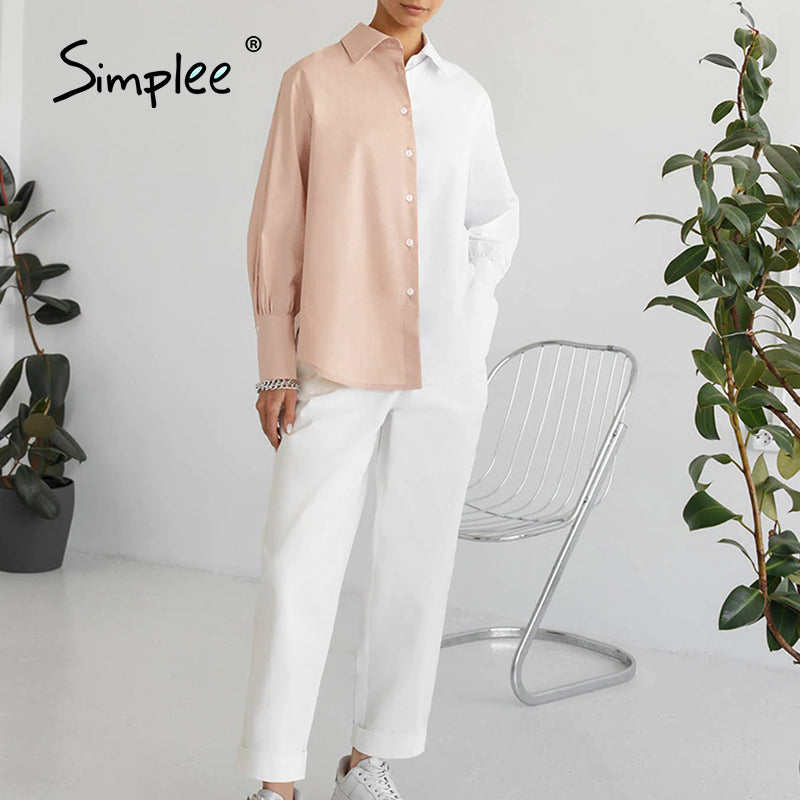 Blusa informal de trabajo para mujer con mangas largas abullonadas, botonadura sencilla y diseño de bloques de color