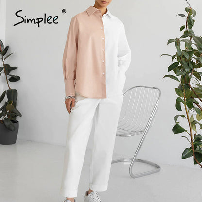 Blusa informal de trabajo para mujer con mangas largas abullonadas, botonadura sencilla y diseño de bloques de color