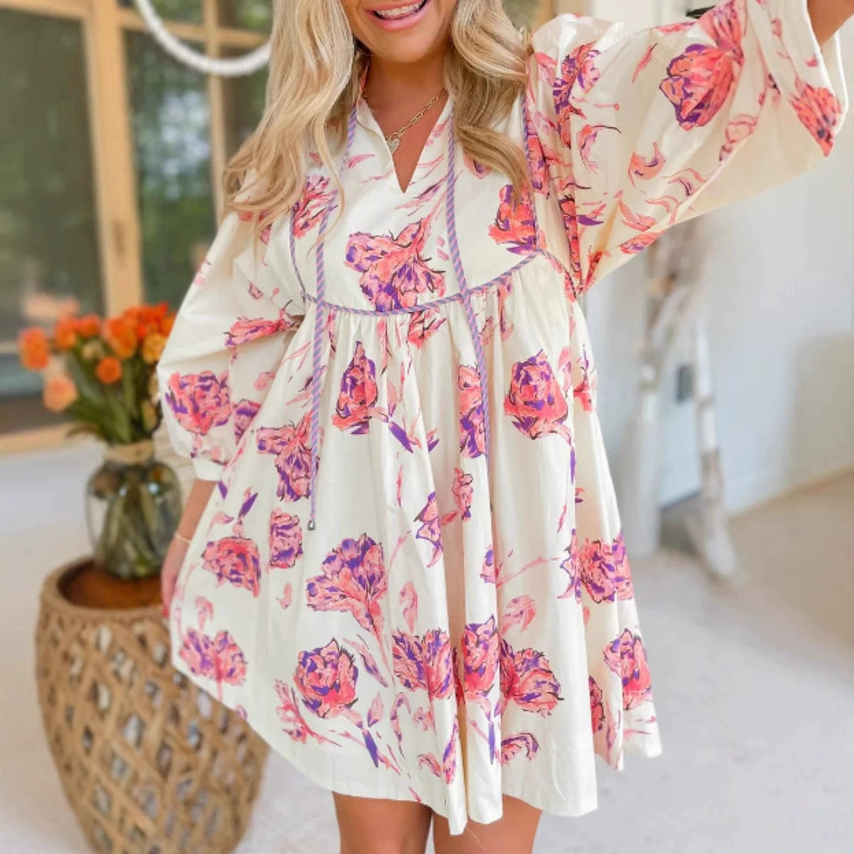 Vestido informal de manga larga con cuello en V y estampado floral para mujer