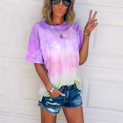 Camiseta informal holgada con cuello redondo y estampado degradado tie-dye para mujer