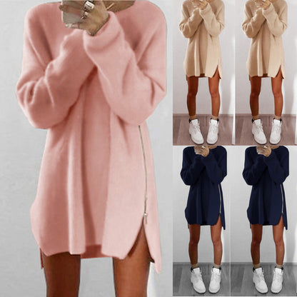 Autumn And Winter Women Casual Loose Solid Color Side Zipper Knitted Dress