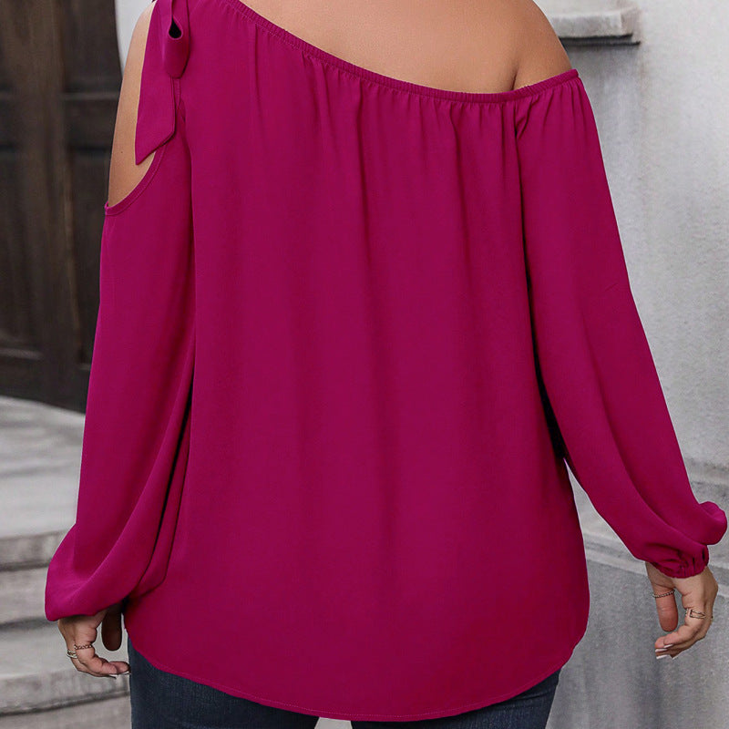 Blusa informal elegante con lazo y manga larga holgada con corte para mujer, talla grande