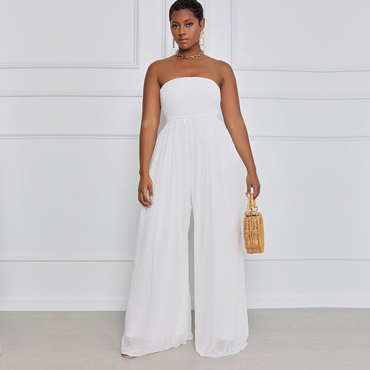 Women Fashion Casual Solid Color Chiffon Sleeveless Wide Leg High-Waisted Jumpsuit