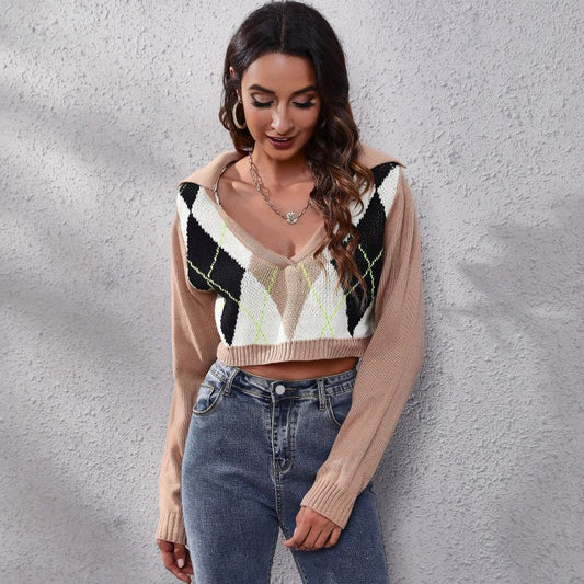 Women Spring Casual Color Blocking Lapel V Neck Long Sleeve Plaid Crop Sweater