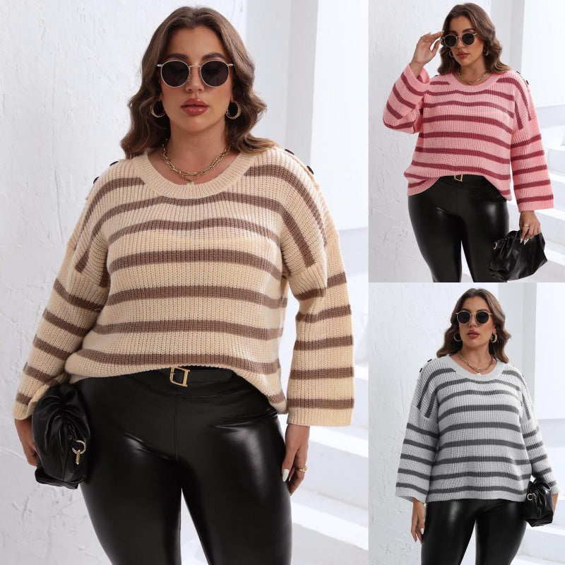 Suéter de punto con cuello redondo y rayas para mujer, informal, de talla grande, para invierno y otoño