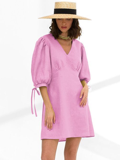 Women Fashion Casual Solid Color Cotton Linen V-Neck Bubble Sleeve Loose Dress