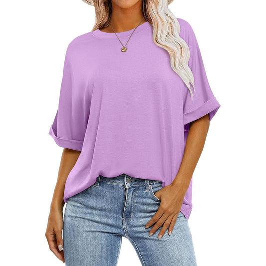 Women Casual Loose Solid Color Round Neck Short-Sleeve T-Shirt