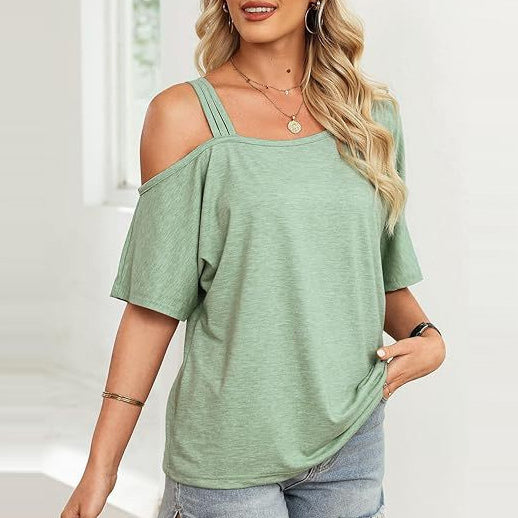 Camiseta informal de verano para mujer, de manga corta, color liso, con fugas