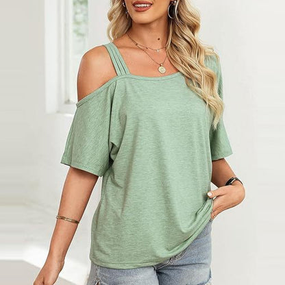 Camiseta informal de verano para mujer, de manga corta, color liso, con fugas