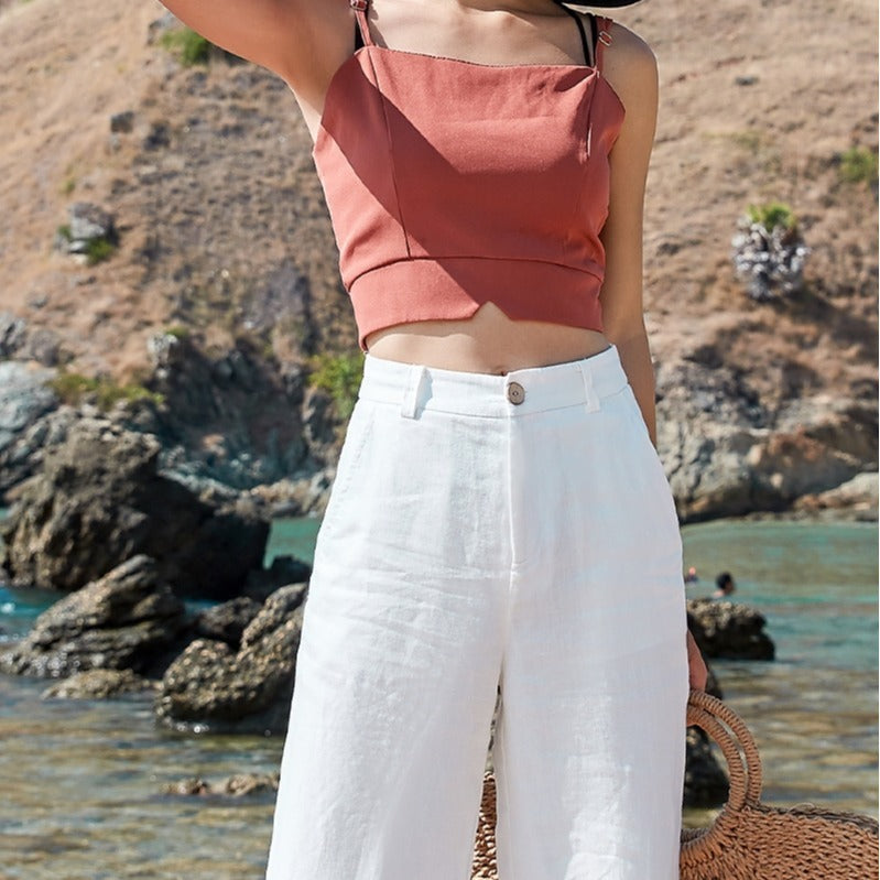 Women Fashion Casual Cotton Linen Solid Color High Waist Wide Leg Pants