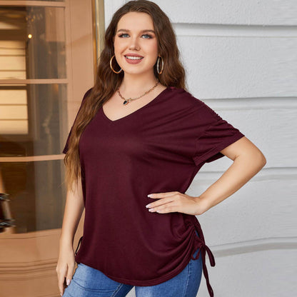 Women Plus Size Casual Solid Color Short Sleeve Drawstring Top