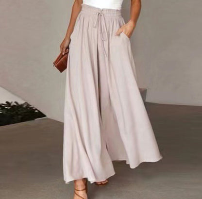 Women Solid Color Loose Casual Elastic Wasit Wide-Leg Pants