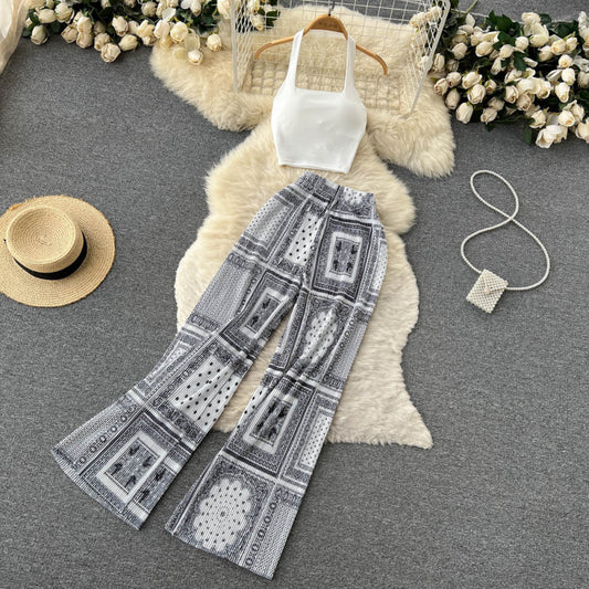 Conjunto de pantalón y top con estampado floral sin mangas informal a la moda para mujer