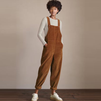 Women Fashion Solid Color Corduroy Casual Pocket Strap Jumpsuits