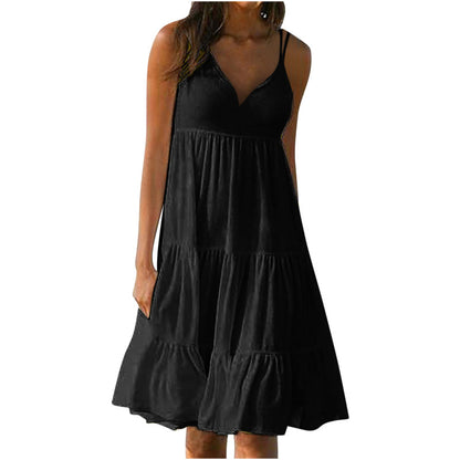 Vestido holgado informal de verano para mujer, con escote en V y tirantes finos, color liso