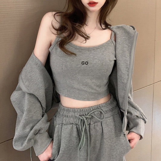 Women Fashion Casual Solid Color Camisole Zipper Crop Top Hoodies Defined Waist Drawstring 3pcs Set