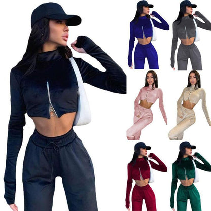 Conjunto informal de dos piezas para mujer, color liso, cuello alto, cremallera, manga larga, top corto y pantalón
