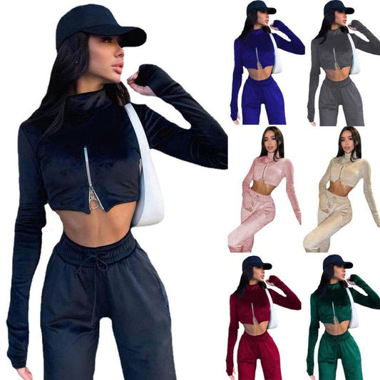 Conjunto informal de dos piezas para mujer, color liso, cuello alto, cremallera, manga larga, top corto y pantalón
