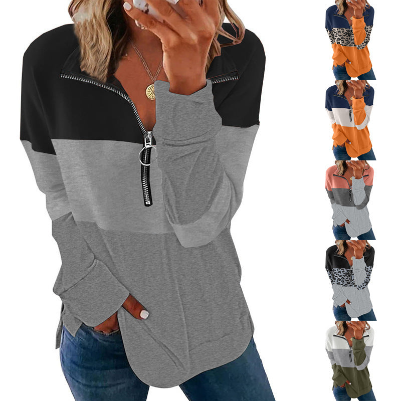 Sudadera informal de otoño e invierno para mujer, con contraste de color, holgada, de manga larga y media cremallera con solapa