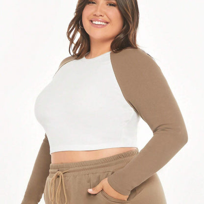 Camiseta informal de manga raglán con bloques de color para mujer, talla grande