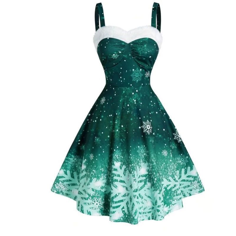 Women Fashion Casual Christmas Snowflake Print Wide Strap Swing Dress