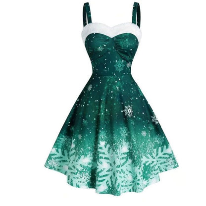 Women Fashion Casual Christmas Snowflake Print Wide Strap Swing Dress
