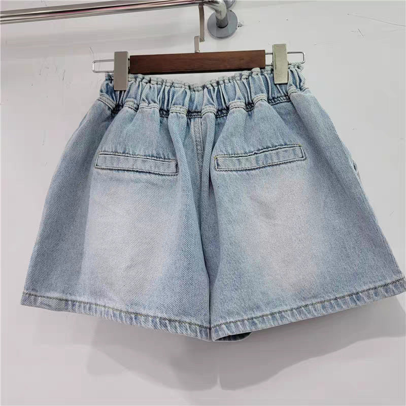 Women Fashion Casual Multicolor Rhinestone Loose High Waist Wide Leg Denim Shorts