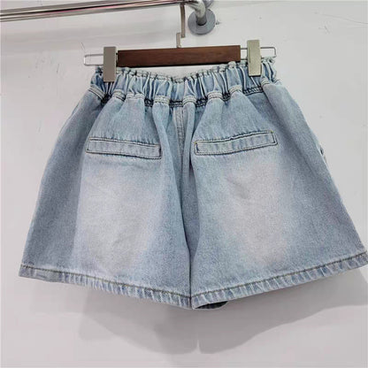 Women Fashion Casual Multicolor Rhinestone Loose High Waist Wide Leg Denim Shorts