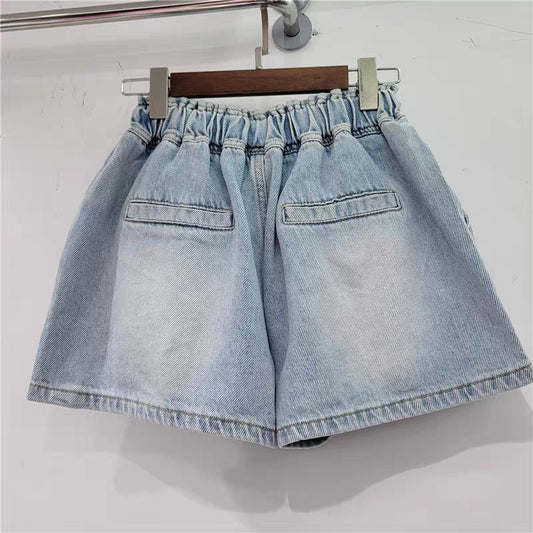 Pantalones cortos vaqueros de pierna ancha y cintura alta holgados con diamantes de imitación multicolor a la moda para mujer