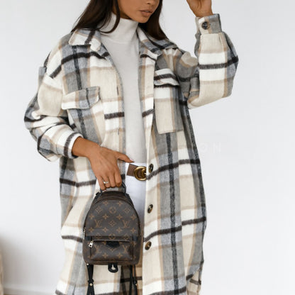 Abrigo de invierno para mujer, de manga larga, con solapa abotonada, informal, cálido, a cuadros