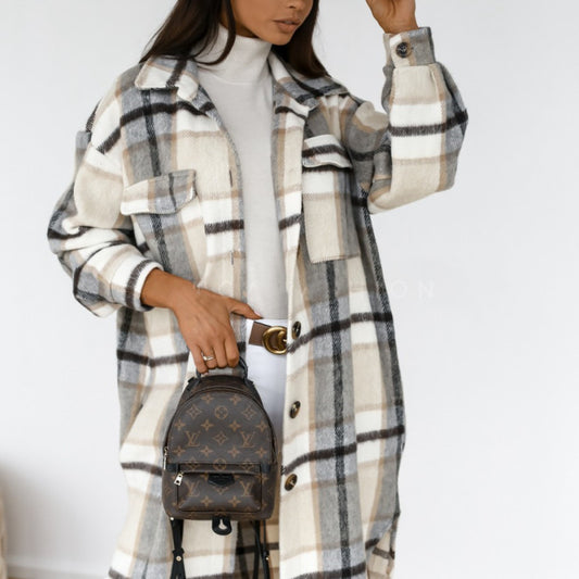 Abrigo de invierno para mujer, de manga larga, con solapa abotonada, informal, cálido, a cuadros