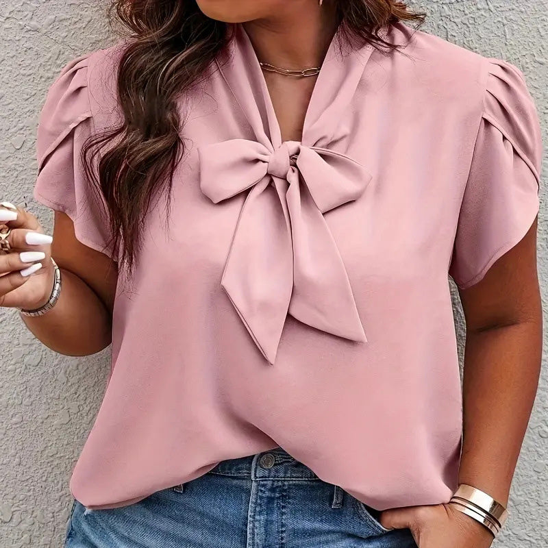 Women Fashion Casual Plus Size Solid Color Lace-Up Bowknot Short-Sleeve Blouse