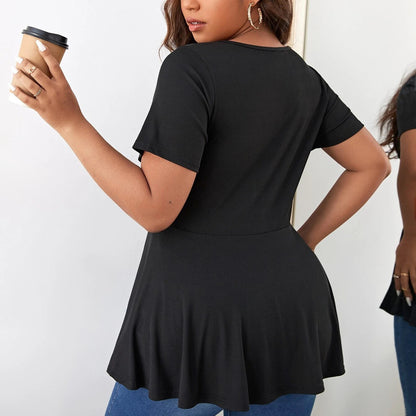Women Fashion Casual Plus Size Solid Color Short-Sleeved Zipper Slim Fit T-Shirt