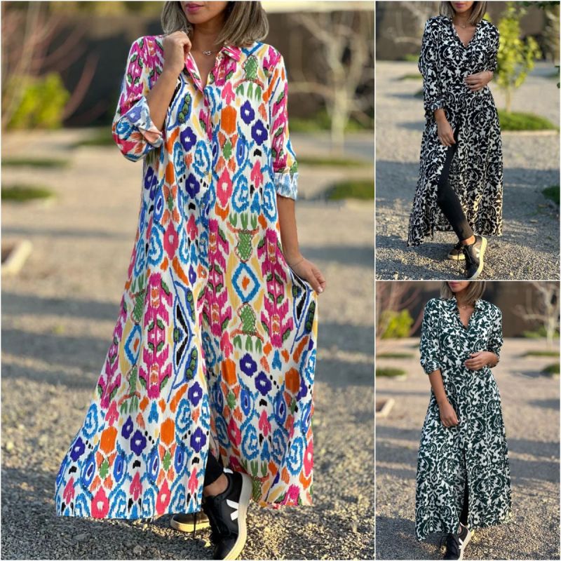 Women Loose Casual Graphic Printed Long Sleeve Shirt Plus Size Dress
