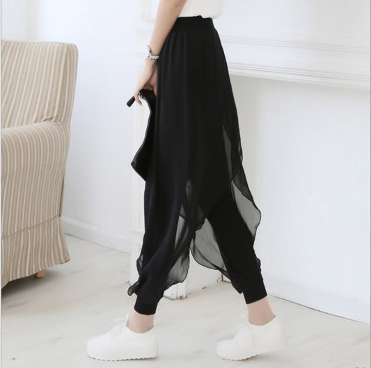 Pantalones harén de malla de color liso informales de verano para mujer
